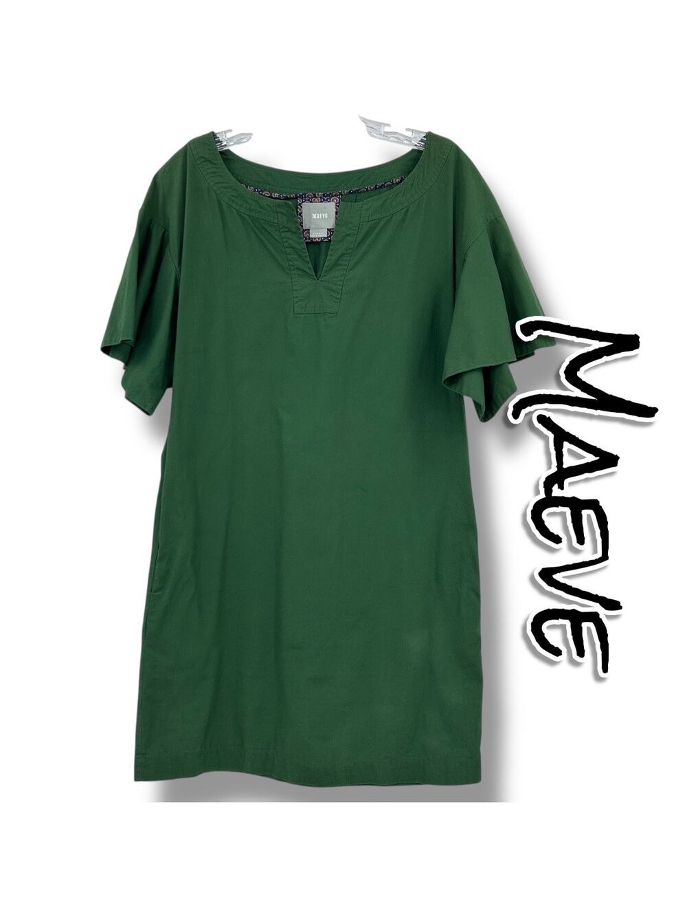 Maeve Anthropologie Green Flutter Sleeve Cotton Shift Dress Pockets Womens Sz XS